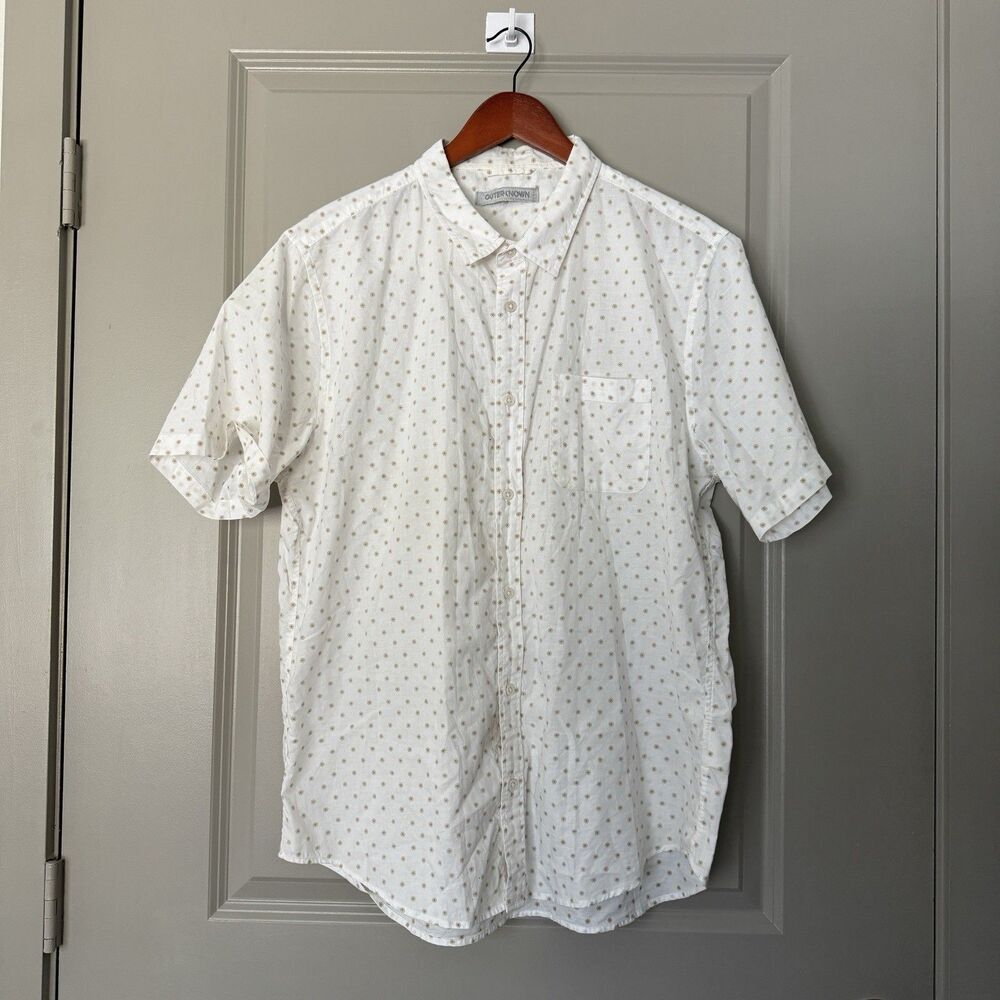 Outerknown Organic Cotton Hemp Shirt Mens XL White Tan Sunburst Geometric